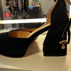 Black velvet block heels